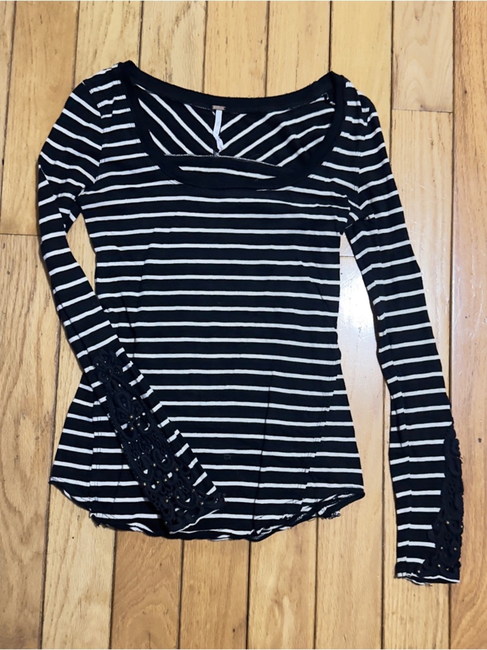 Free People Black & White Striped Long Sleeve Scoop Neck Top with Crochet Detail